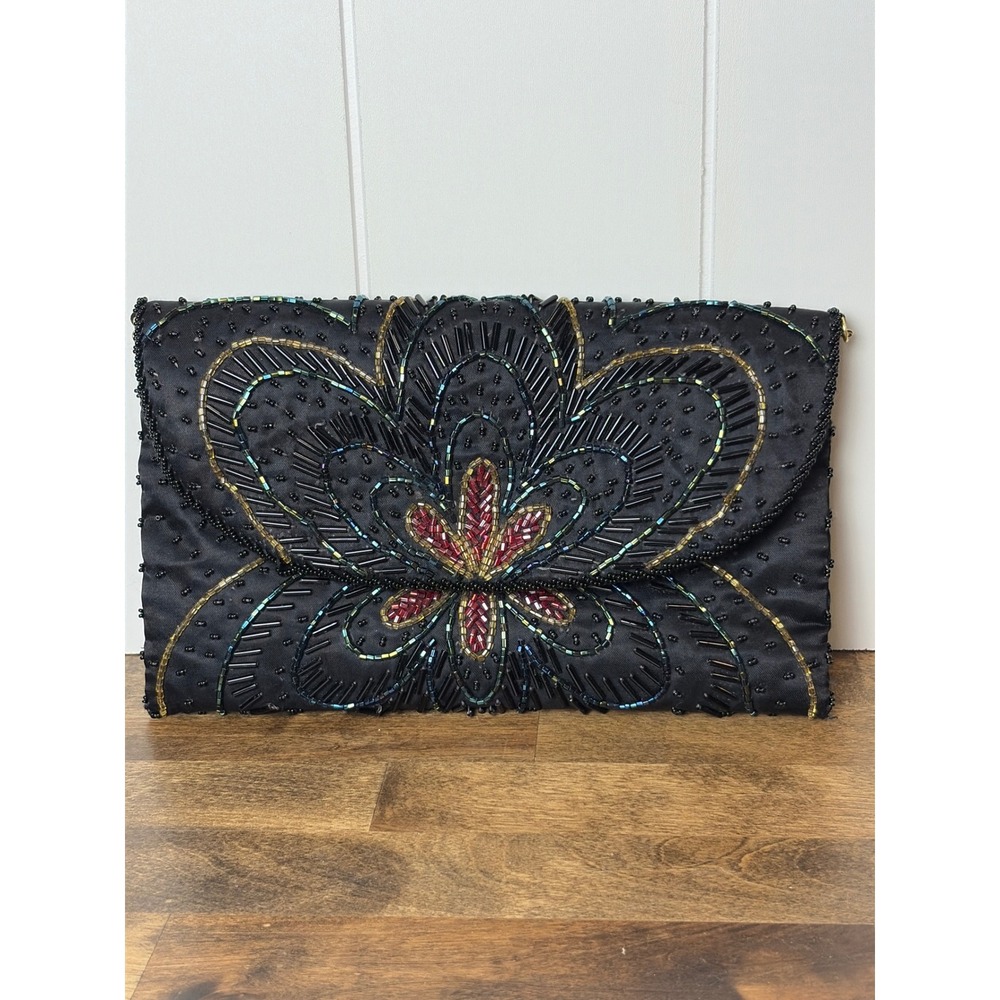 La Regale LTD Vintage Black Beaded Floral Satin Evening Clutch Shoulder‎ Bag